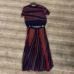 Navy and Color Striped Short Sleeve Sweater and Skirt Set